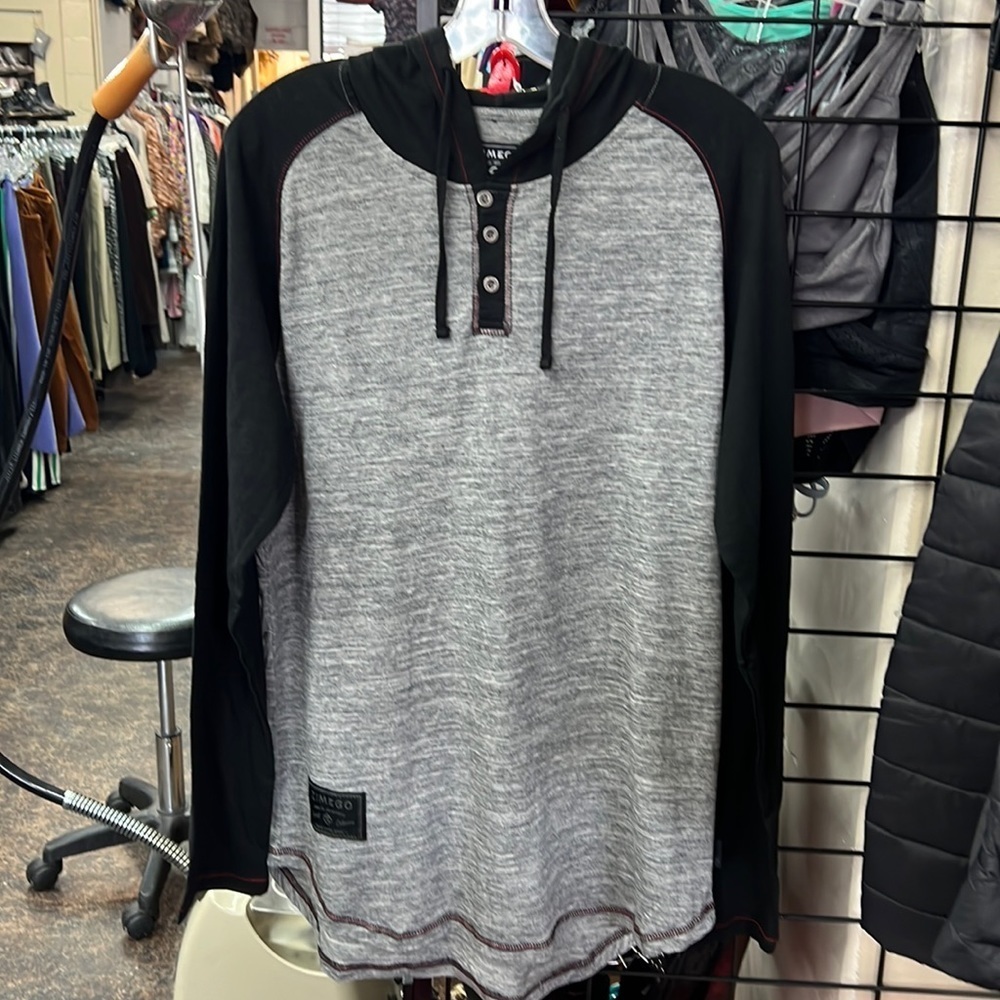 NWT ZIMEGO Long Sleeve Raglan Henley Round Bottom Hood T-Shirts - GREY / BLACK
